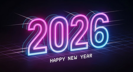 Happy new year 2026 in neon style. Glowing numbers with vibrant pink and blue light outlines, dark abstract background, futuristic urban vibe, bright electric glow, modern festive design, digital effect, stylized typography, contemporary greeting, dynamic light trails, exciting visual experience, technology themed.の素材