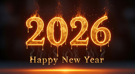 Happy new year 2026 numbers in glowing molten gold, fiery liquid effect with dripping details, hot blazing display. Dynamic 2026 design with golden flames, warm inviting background, representing wealth and energy for upcoming year celebration.の素材