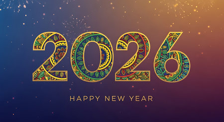 Happy new year 2026 in decorative style. Ornate numbers featuring intricate patterns and vibrant colors. Festive background with bokeh lights and subtle sparks. Celebration, holiday, and greeting card design. Joyful atmosphere for new year festivities. Rich color palette for a sophisticated look.の素材