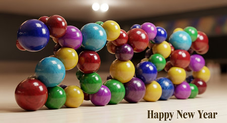 Happy new year 2026 crafted from a playful arrangement of colorful bowling balls, stacked to form the numbers. These vibrant spheres rest on a polished wooden floor, creating a festive holiday greeting. The bright and playful design offers a unique and cheerful take on new year celebrations, perfect for a fun, energetic visual.の素材