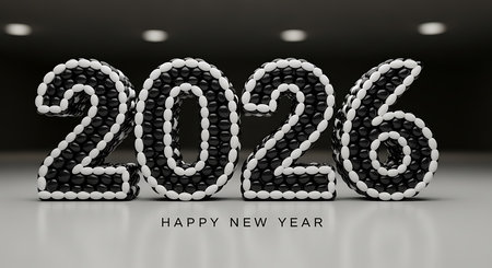 Happy new year 2026 concept. Unique and modern design showcasing the year 2026 formed by abstract black and white beaded patterns. The minimalist background keeps the focus on the distinct texture of the numbers, perfect for contemporary new year greetings and stylish event promotions.の素材