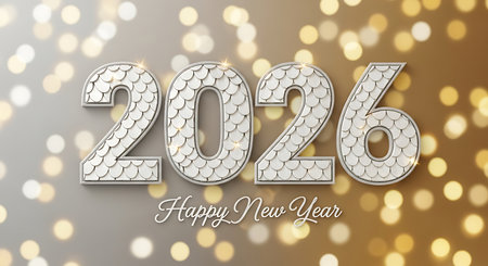 Happy new year 2026 text featuring a unique white scales texture against a backdrop of blurred golden bokeh lights. This festive celebration greeting card design incorporates luminous background elements with sparkling highlights, creating a cheerful and elegant atmosphere. The white scaled numbers stand out beautifully against warm bokeh.の素材