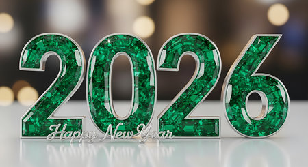 Happy new year 2026 featuring numbers crafted from sparkling emerald gems and refined silver trim, resting on a bright, reflective surface. Background displays an elegant blurred bokeh effect, creating a festive atmosphere. Holiday greeting card design, showcasing gemstone texture. Brilliant and luxurious numerals. Clean, sharp render with shimmering details, perfect for seasonal greetings.の素材