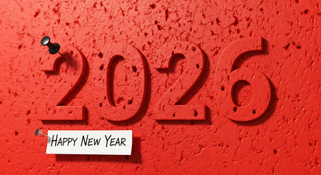 Happy new year 2026 displayed on a bright red textured wall. The numerals are deeply embossed into the surface, with a small white note reading 'Happy New Year' pinned below by a black thumbtack. Simple yet bold, conveying a direct holiday wish.の素材