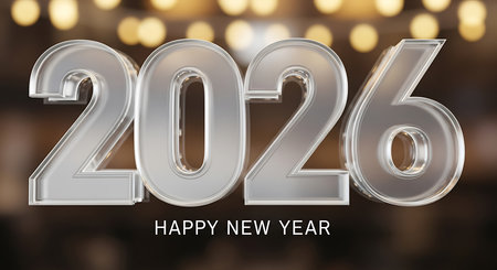 Happy new year 2026 rendered in glossy silver metallic 3d numbers, illuminated by soft warm bokeh lights in the background. This elegant design captures the essence of celebration and luxury, perfect for greeting cards, banners, and digital promotions marking the upcoming year.の素材