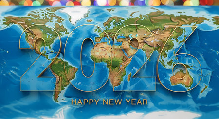 Happy new year 2026 is prominently displayed over a detailed world map. The numbers 2026 are rendered in a sleek, transparent style, allowing the geographical features of the continents and oceans to show through. The phrase 'happy new year' is positioned below the numbers. The overall image evokes themes of global connection, international celebration, and a worldwide outlook for the new year.の素材