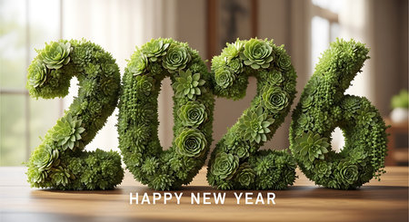 Happy New Year 2026, creatively formed by lush green succulents and various plants. Botanical design element perfect for eco-friendly or nature-themed greetings. Symbolizes growth, freshness, and new beginnings.の素材