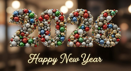 Happy new year 2026 text with numbers crafted from sparkling silver red and green Christmas ornaments. Soft bokeh background creates elegant and festive atmosphere. Ornaments form digits. Holiday season greeting. New year celebration. Glittering balls add shimmer. Decorative elements create luxurious feel. Blurred background emphasizes numbers. Elegant and sophisticated design for seasonal greetings.の素材