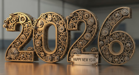 Happy New Year 2026 created with intricate steampunk gears and cogs, showcasing mechanical precision. Industrial design elements perfect for unique greeting cards or engineering-themed designs. Features a metallic plaque with the greeting.の素材