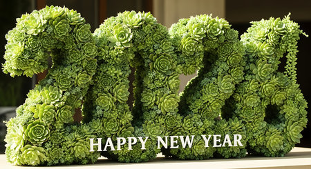 Happy new year 2026 crafted from an arrangement of lush green succulent plants. The numbers 2026 are intricately formed by various types of succulents, presenting a natural and organic aesthetic. The setting is bright and outdoors, with soft lighting highlighting the textures of the plants. This unique botanical display offers a fresh and serene greeting for the new year.の素材