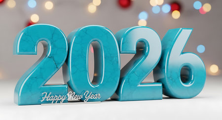 Large teal-colored numbers forming 2026 with a happy new year message positioned below. A soft-focus background features blurred festive bokeh lights in various colors. Vibrant and modern greeting for the new year.の素材