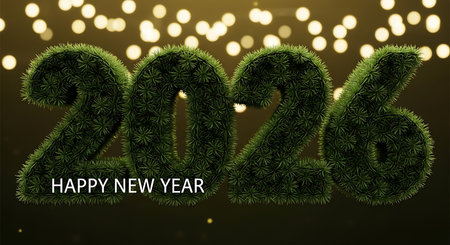 Happy new year 2026 message. Green pine needles texture on numbers. Festive and natural atmosphere. Bokeh lights in background. Celebrating beginning of new year. New beginnings concept. Digital art illustration. Holiday greeting card design. Season's greetings. Winter celebration. Conceptual artwork. Abstract design. Bright and cheerful imagery.の素材