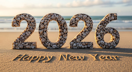 Happy new year 2026 numbers are intricately formed by various seashells on a sunny beach. The message happy new year is elegantly inscribed in the sand below, with gentle waves and a serene ocean visible in the background. Captured during golden hour, image evokes a tranquil seaside celebration.の素材