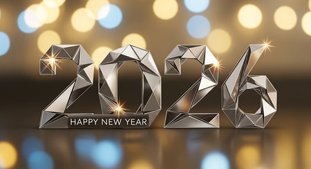 Happy New Year 2026. Silver 3D number with shiny finish. Dark background with blurred golden and blue light spots. New Year's Eve celebration. Festive greeting card design. Elegant metallic typography. Bright sparkling highlights on numbers.の素材
