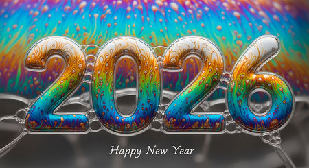 Happy new year 2026 text rendered in a transparent, bubble-like font, set against a vibrant and colorful iridescent soap bubble background. The numbers are outlined and filled with an ethereal glow, mirroring the dynamic and fluid colors of the backdrop. Festive image for new year wishes.の素材