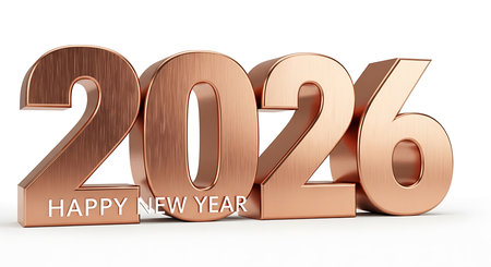 Happy new year 2026 concept. Brushed rose gold numbers, metallic finish. Modern elegance, sophisticated style. Clean white background, subtle shadow. Luxurious holiday greeting, contemporary design. Polished visual, upscale presentation. Unique seasonal message, refined aesthetic.の素材
