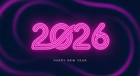 Happy new year 2026 neon glowing numbers with vibrant pink intertwined lines against a dark background. This dynamic design is ideal for festive greetings, event promotions, and digital media, symbolizing new beginnings and energetic celebrations for the upcoming year.の素材