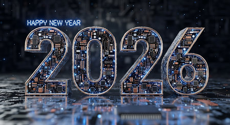 Happy new year 2026 text with futuristic electronic circuit board numbers. It is an innovative and technological design. The glowing numbers against a dark digital background with integrated microchips represent advancement, innovation, and digital transformation for the upcoming year 2026. This high tech visual is ideal for modern applications.の素材