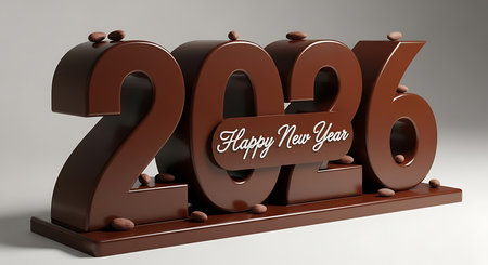 Happy new year 2026 represented by chocolate-themed numbers. The delicious 2026, adorned with scattered cocoa beans, sits on a brown platform, creating a sweet and unique festive greeting. Perfect for a sweet celebration or confectionery branding.の素材