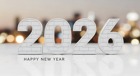 Happy new year 2026 featuring white numbers with a distinctive brick texture. The numbers reflect on a glossy white surface, set against a blurred background of city lights creating a bokeh effect. A modern and stylish representation for a contemporary celebration.の素材