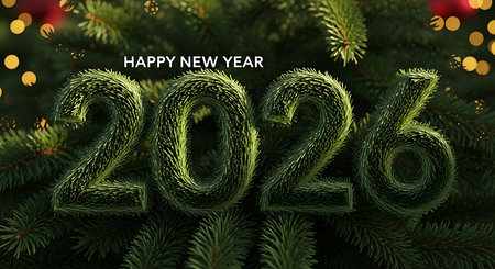 Happy new year 2026 message. Textured pine needles forming numbers. Backdrop of blurred evergreen branches. Golden bokeh lights in background. Natural and festive setting. Holiday season greeting. New year celebration. Organic design elements. Seasonal cheer. Winter aesthetic. Warm lighting. Graphic design for event. Beautiful natural texture.の素材