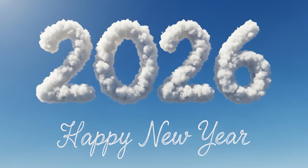Happy new year 2026 greeting. Fluffy white clouds, cloud formation. Clear blue sky, open space. Whimsical dreamy scene, ethereal feel. Creative holiday message, lighthearted visual. Unique seasonal concept, freedom sense. Aerial perspective, tranquil mood.の素材
