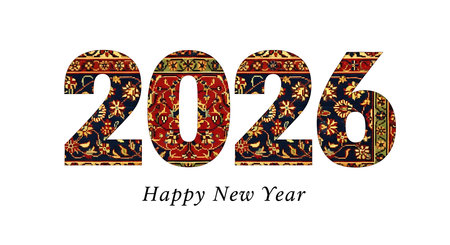 Wishing a happy new year with an elegant design featuring the year 2026. Numbers are adorned with a rich, intricate traditional Persian carpet pattern, showcasing deep reds, blues, and gold tones. Set against a clean white background, this design evokes cultural beauty for the upcoming year.の素材