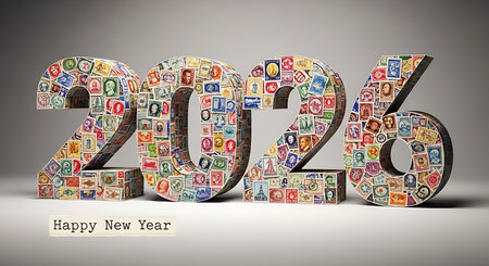 Large, dimensional 2026 numbers are covered entirely with a mosaic of vintage postage stamps, each featuring unique designs and historical figures. A simple white card with the message happy new year rests below, creating a distinctive and nostalgic image ideal for holiday greetings and celebrations.の素材