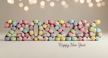 Happy new year 2026 crafted from an assortment of colorful French macarons, each number thoughtfully arranged to create a unique and delightful greeting. The composition is set against a soft, light background with gentle bokeh lights, evoking a sweet and charming festive atmosphere. Ideal for culinary themes, invitations, and cheerful holiday promotions.の素材