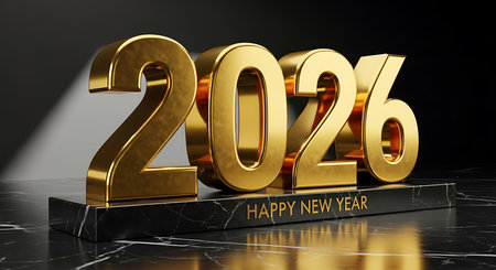 Happy new year 2026 rendered in luxurious golden 3d numbers, majestically standing on a sleek black marble pedestal. A dramatic spotlight illuminates the scene, casting reflections and shadows against a dark background. This opulent presentation is ideal for upscale holiday greetings, corporate events, and premium branding.の素材
