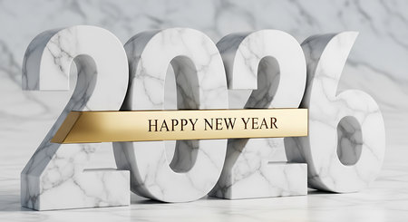 Happy new year 2026 rendered with sophisticated marble numbers. A golden ribbon displaying 'Happy New Year' gracefully crosses the digits, all resting on a pristine white marble surface. This creates a luxurious and elegant holiday greeting.の素材