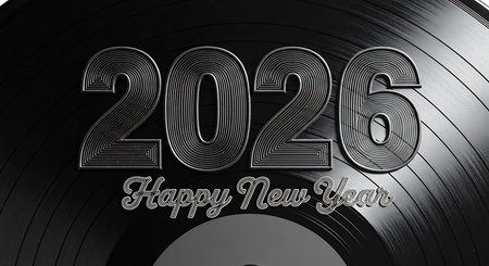 Happy new year 2026 displayed on a classic black vinyl record. The numbers 2026 are rendered with elegant typography, characterized by concentric lines that give them a refined, embossed look. The phrase 'happy new year' is also styled with a graceful script, positioned below the numbers. The background of the vinyl record with its grooves adds a sophisticated and timeless feel to the new year greeting.の素材