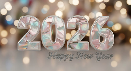Happy New Year 2026. Numbers featuring delicate mother of pearl texture. Blurred background with soft bokeh lights. New Year's Eve celebration. Festive greeting card design. Elegant pearlescent typography. Gentle iridescent reflections.の素材