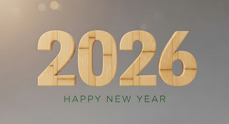 Happy new year 2026 numbers featuring a natural bamboo texture, standing against a soft grey background. Subtle light flares in the upper left corner add a touch of warmth and glow, conveying a serene and organic atmosphere. This design is perfect for eco-conscious or calm new year greetings, blending nature with celebration.の素材