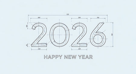 Blueprint style 2026 happy new year text with technical dimensions and annotations on a light blue background. Design evokes architectural drawings or engineering plans. Perfect for new year greetings with a precise, organized, and professional feel. Ideal for engineering, construction, or design-related themes.の素材