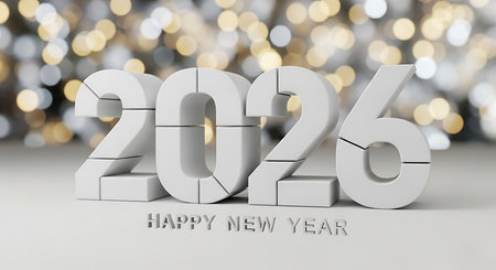 Happy new year 2026 numbers in a clean white block style, segmented into distinct pieces. These numbers are presented against a blurred bokeh background featuring warm golden and cool silver lights, creating a festive and shimmering atmosphere. The design is modern, elegant, and ideal for new year celebrations.の素材