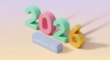 Vibrant 3d isometric 2026 happy new year text with a sleek, modern design. Numbers feature a pastel color palette of mint green, soft pink, and gold. Set against a gentle gradient background, ideal for contemporary new year banners, greeting cards, and festive marketing materials.の素材