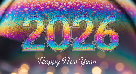 Happy new year 2026 text set against a mesmerizing backdrop of colorful iridescent soap bubbles. The numbers 2026 are rendered in a vibrant, multi-hued pattern that mirrors the swirling colors of the bubble film, creating a celebratory and visually striking image. Soft bokeh lights enhance festive atmosphere.の素材