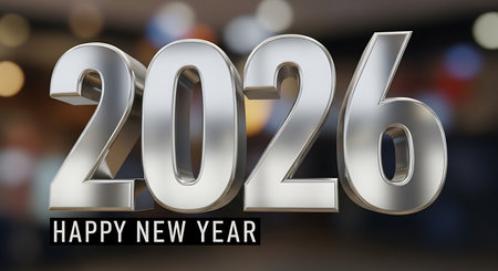 Shiny silver 2026 new year numbers in 3d rendering. Bright metallic numerals for 2026 are shown against a soft, blurred background with sparkling bokeh lights. Happy New Year 2026 text on a black bar. This image evokes celebration, prosperity, and a fresh start for the upcoming year.の素材