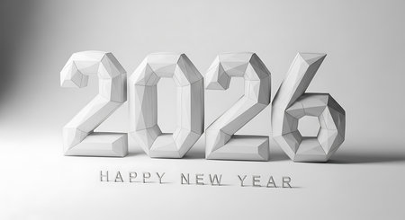 Minimalistic 2026 happy new year design featuring faceted white 3d numbers and text. Low poly art style offers a clean and modern aesthetic. Perfect for new year celebrations, banners, greeting cards, and digital marketing materials. Highlights geometry and simplicity for a fresh look.の素材