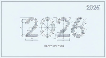 Blueprint style 2026 happy new year text. The numbers are depicted with architectural precision, complete with lines, measurements, and technical drawings, resembling a blueprint. The image is set against a light blue background, enhancing the engineering and planning aesthetic, suggesting precision, innovation, and careful construction for the new year.の素材