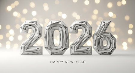 Happy new year 2026 white geometric numbers are presented against a blurred bokeh background, creating a minimalist and modern design. This image is perfect for greeting cards, invitations, and digital banners, reflecting new beginnings and a fresh start for the upcoming year.の素材