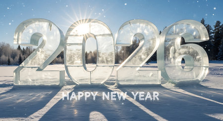 Happy new year 2026 message. Ice block numbers on a snow-covered landscape. Bright sun in background. Trees in background. Clear winter day. Cold environment. Sparkling snow. Beautiful scenery. Seasonal greeting. Holiday celebration. Outdoor art installation. Winter wonderland. New year greetings. Crisp air. Frozen landscape. Sunny day.の素材