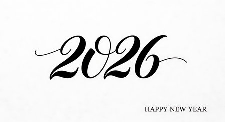 Happy New Year 2026. Elegant handwritten calligraphic lettering. Clean white background for simple yet sophisticated design. New Year's Eve celebration. Minimalist greeting card design. Artistic typography. Classic black ink script.の素材