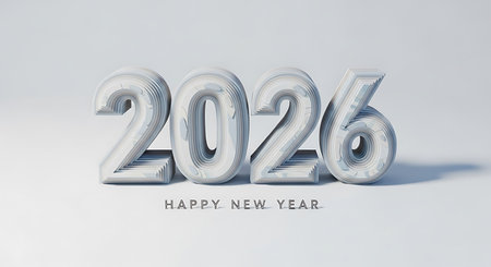 Happy new year 2026 numbers featuring a distinctive layered, carved texture in various shades of grey and white. These stylized numbers stand on a clean white surface, casting a subtle shadow that enhances their three-dimensional quality. The design offers a modern, sophisticated, and architectural feel for new year greetings.の素材