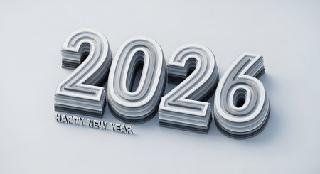 Layered 2026 happy new year text in 3d rendering. Numbers are designed with multiple cut-out layers in varying shades of gray and white, creating depth and dimension. The image is set against a simple, clean white background, emphasizing the structural design of the numbers and conveying a modern, organized aesthetic.の素材