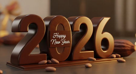 Delicious chocolate 2026 happy new year text. The numbers are crafted from rich brown chocolate, with cocoa beans and pods scattered around them, suggesting a theme of indulgence and sweetness. A 'Happy New Year' sign is nestled within the '0'. This image creates a warm, inviting, and appetizing atmosphere for the new year.の素材