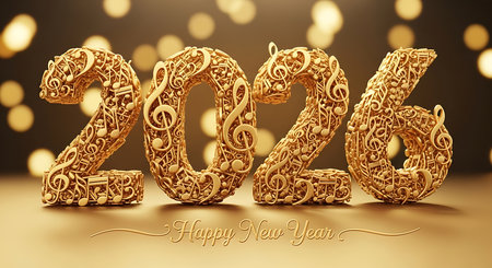 Elegant happy new year 2026 celebration with golden musical notes forming numbers. Luxurious design creates festive atmosphere. Shimmering bokeh background adds elegance. Decorative details highlight the holiday spirit. Perfect for greeting cards, invitations, and seasonal promotions. High-quality render for a memorable year-end event.の素材