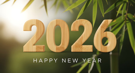 Happy new year 2026. Bamboo textured numbers, natural finish. Lush green leaves backdrop, soft natural light. Organic aesthetic, eco-friendly feel. Serene outdoor setting, tranquil mood. Unique holiday greeting, fresh perspective. Earthy seasonal message, peaceful visual.の素材