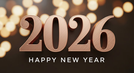 Rose gold metallic numbers displaying 2026 with a happy new year message below. Elegant golden bokeh lights create a blurred festive background. Luxurious greeting for upcoming year celebrations, modern design.の素材